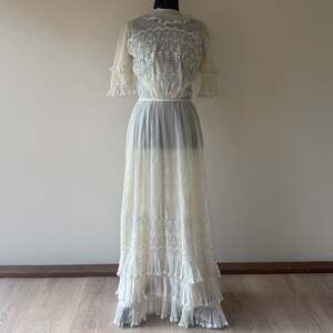 Antique Early 1900s Edwardian Embroidered Dress   Lace Ruffles